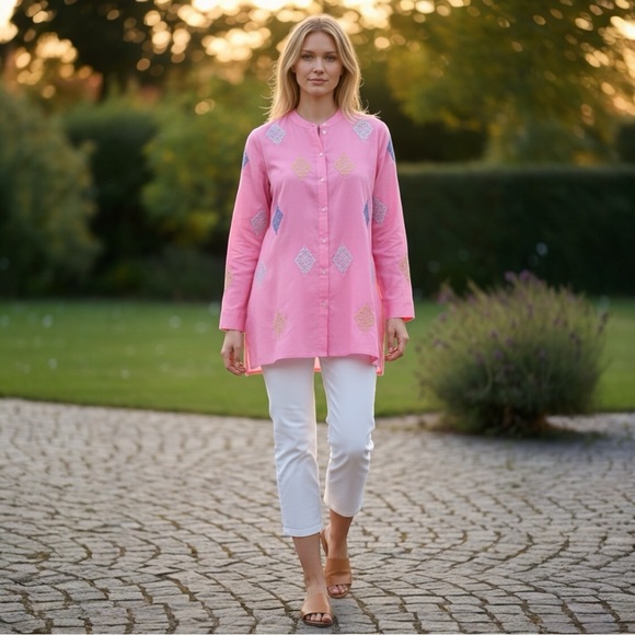 J. Jill Tops - J. Jill Pink Button Down Tunic with Embroidered Diamond Motifs L